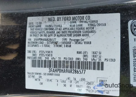 2010 Ford Fusion Se from USA, damaged, VIN 3FAHP0HA9AR286577